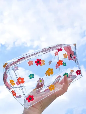 1pc Portable PVC Waterproof Floral Pattern Clear Makeup Bag Cosmetic Organizer