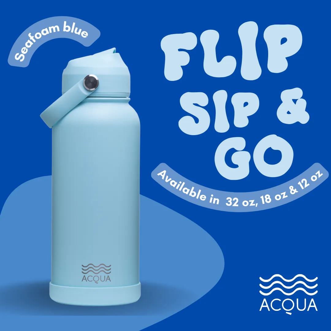 Acqua Flip Sip & Go! Double Wall Insulated Stainless Steel Water Bottle: Seafoam Blue