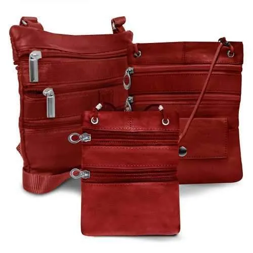 All Leather Set Of 3 Casual On The Go Bags-Wine Color