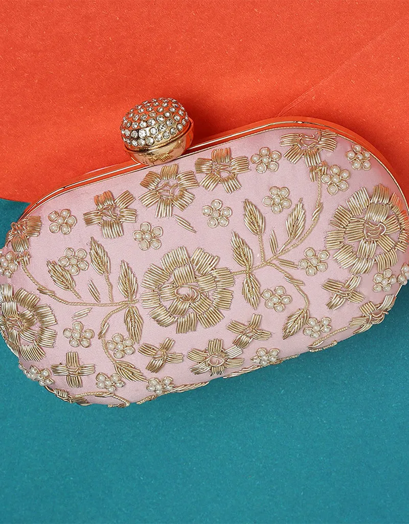 Baby Pink Trendy Embroidery Designer Heavy Clutches-Accessories