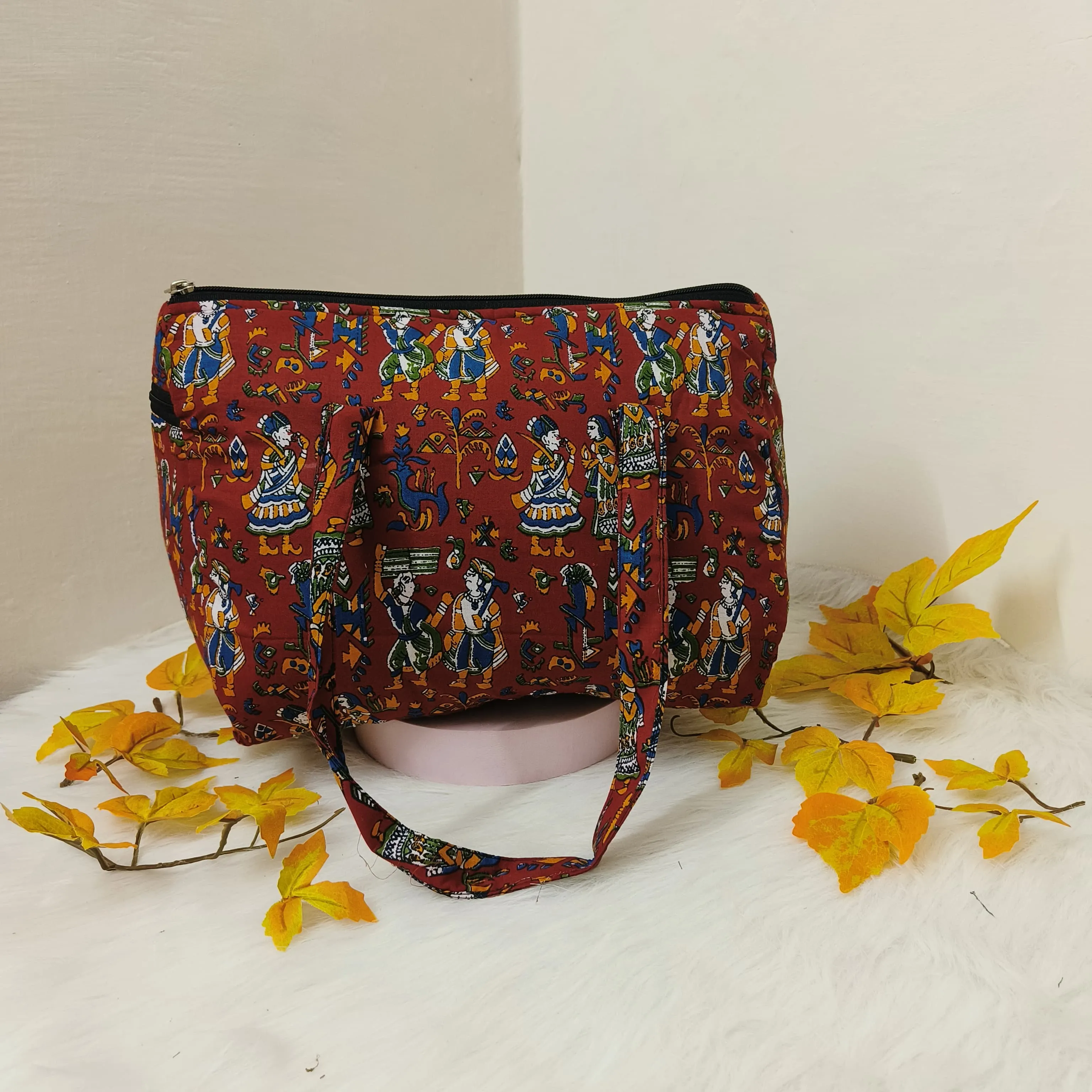 Barrel Handbags Red Colour Kalamkari Prints.