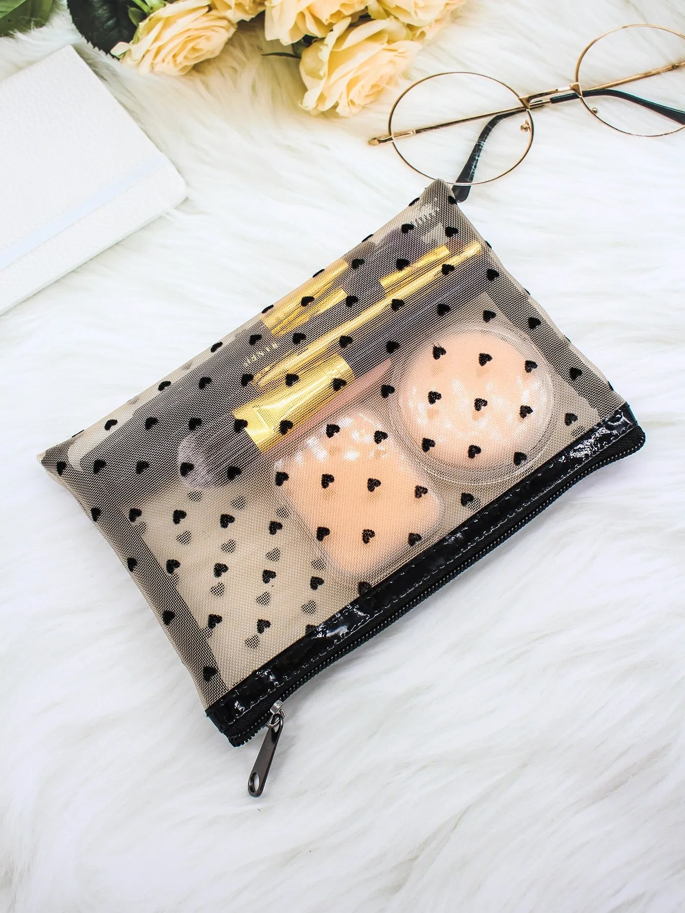 Beige Mesh Heart Print Makeup Bag Cosmetic Organizer Toiletries Bag Makeup