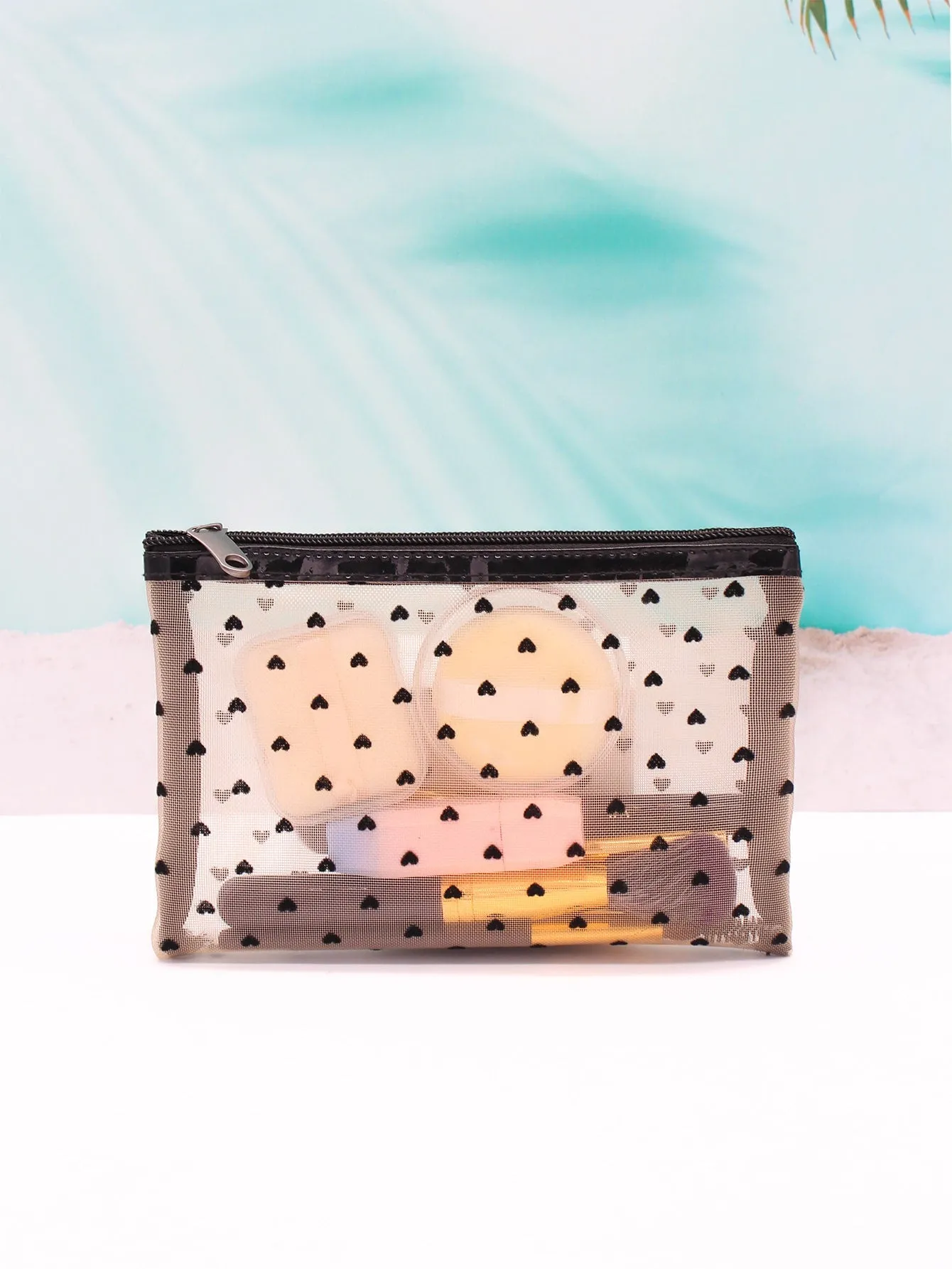 Beige Mesh Heart Print Makeup Bag Cosmetic Organizer Toiletries Bag Makeup