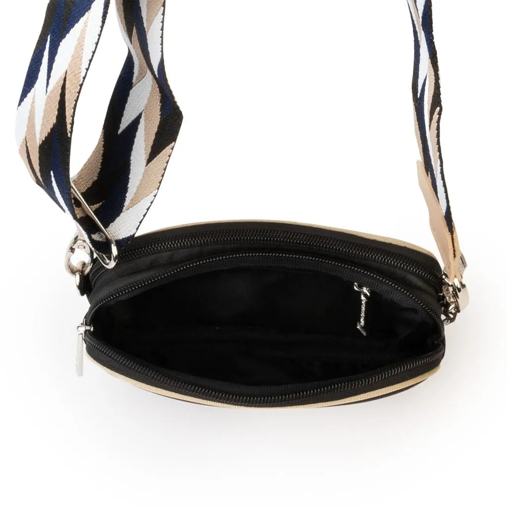 Black with Tan Trim Dual Zipper Belt/Crossbody Bag