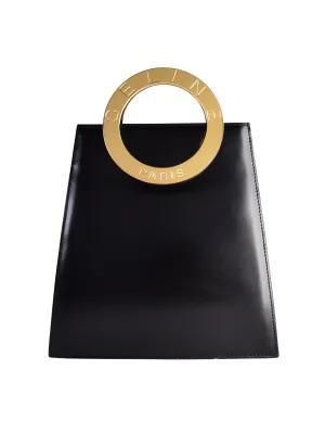 Celine Vintage Gold Logo Bracelet Hoop Handle Black Leather Handbag