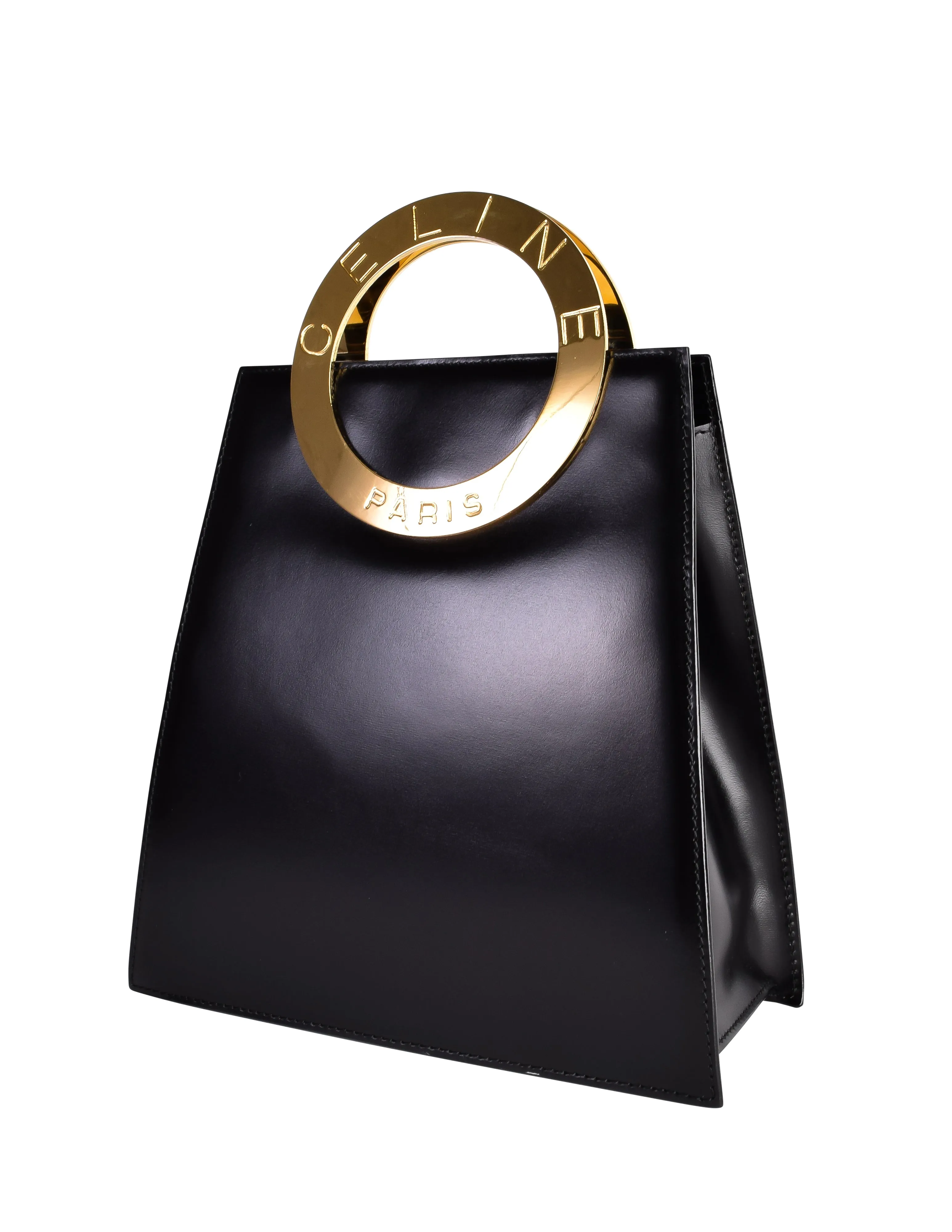 Celine Vintage Gold Logo Bracelet Hoop Handle Black Leather Handbag