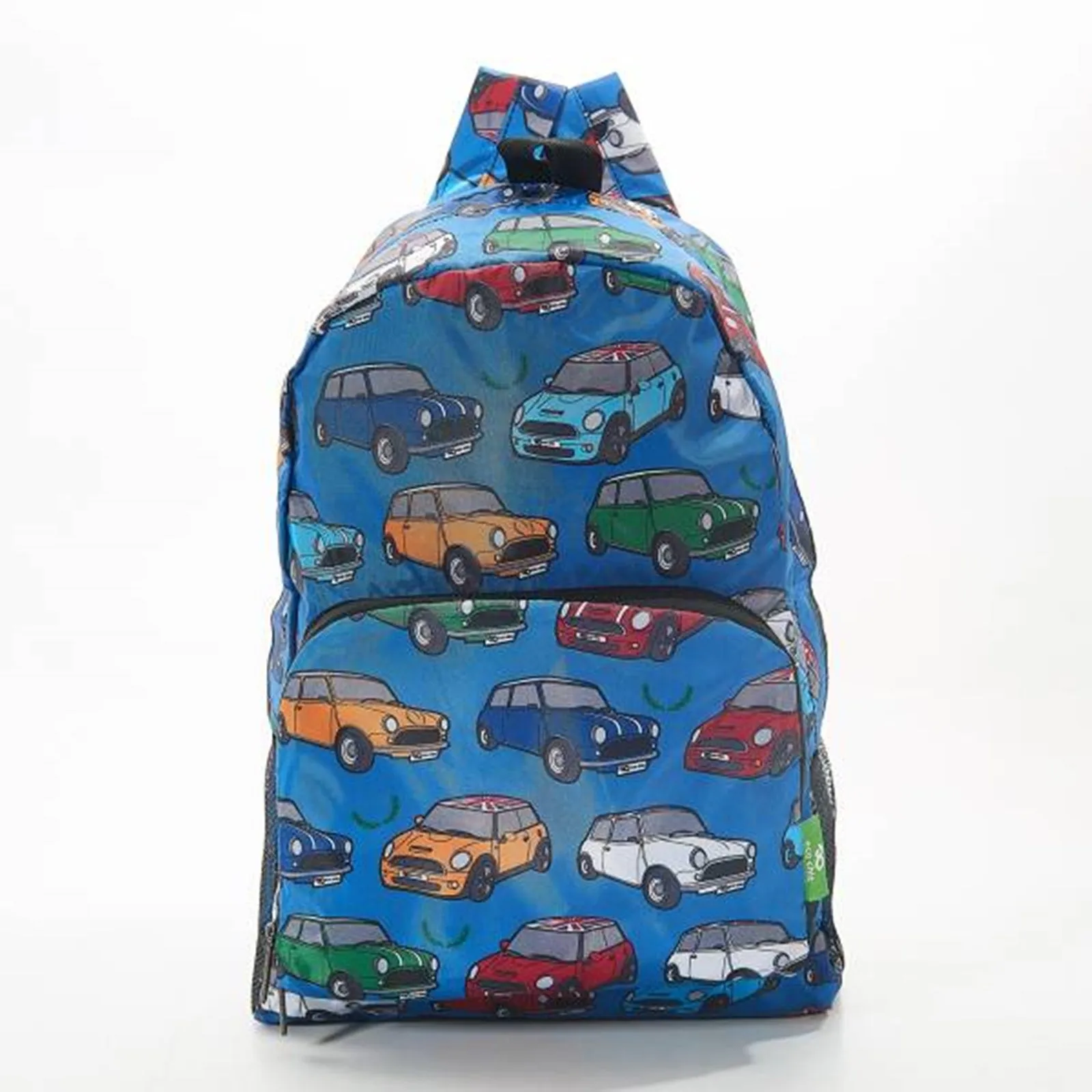 ECO CHIC Foldaway Back Pack/School Bag/Shopping Bag - Made From Recycled Plastic Bottles - Mini Car (Blue)