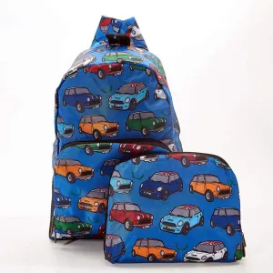 ECO CHIC Foldaway Back Pack/School Bag/Shopping Bag - Made From Recycled Plastic Bottles - Mini Car (Blue)