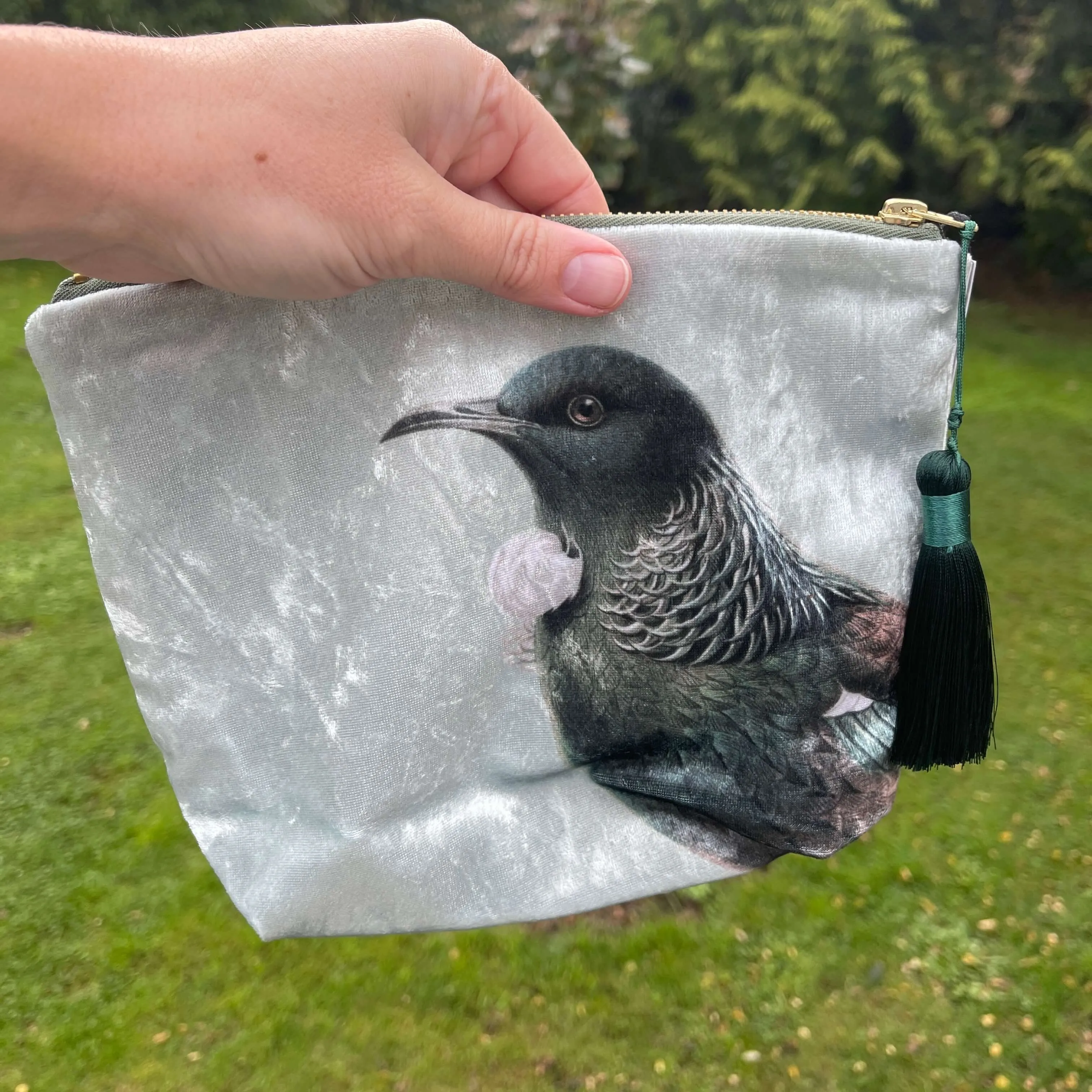 Green Tūī Velvet Cosmetic Bag