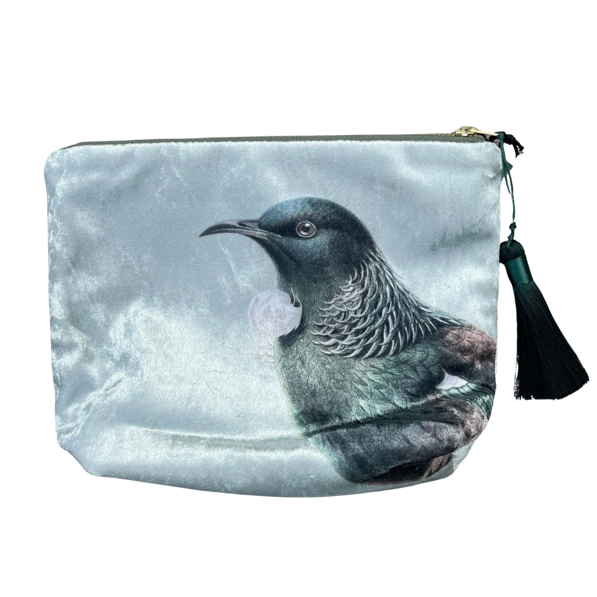 Green Tūī Velvet Cosmetic Bag