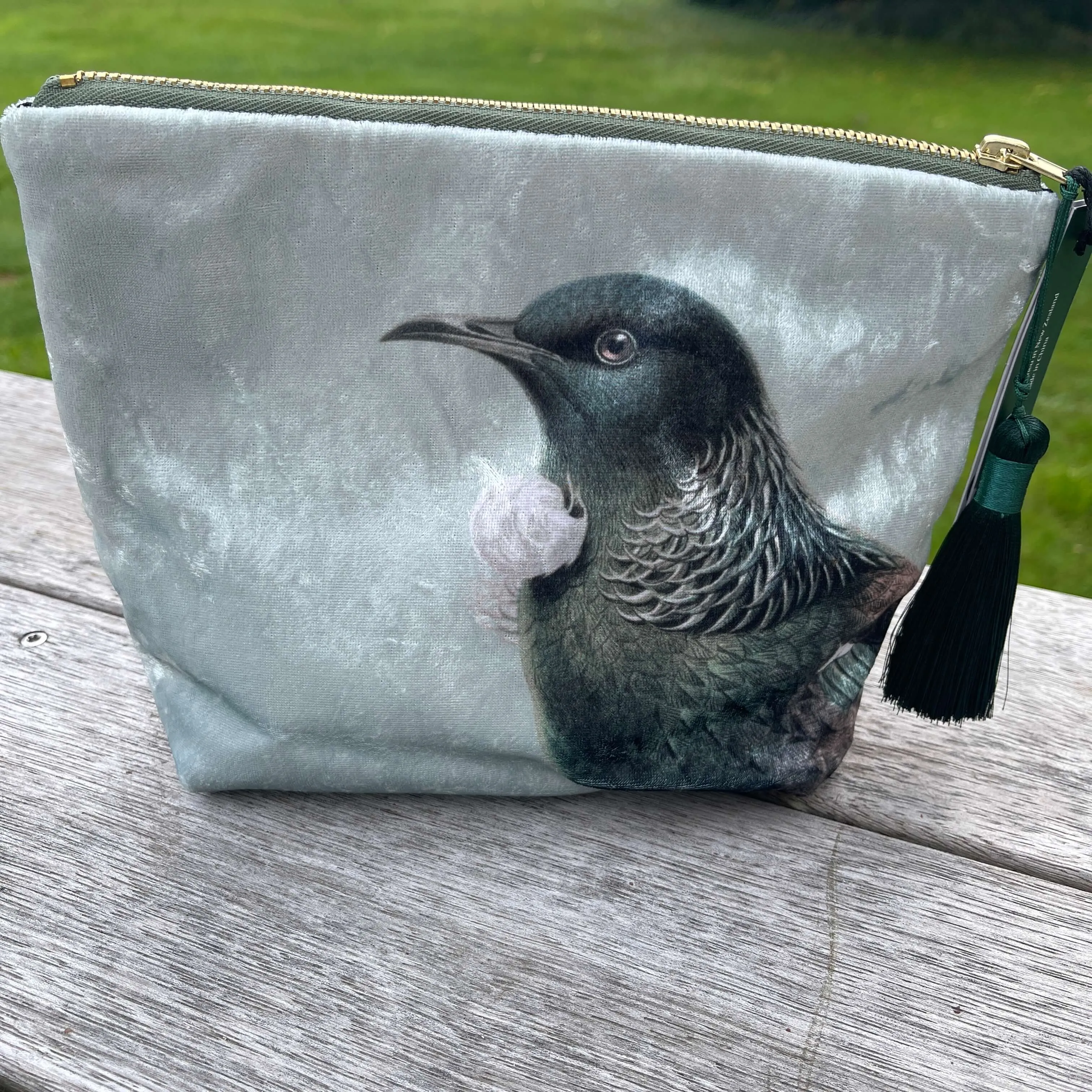 Green Tūī Velvet Cosmetic Bag