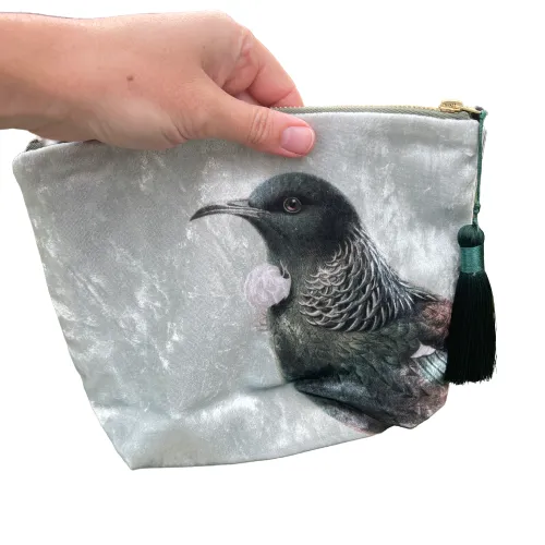 Green Tūī Velvet Cosmetic Bag