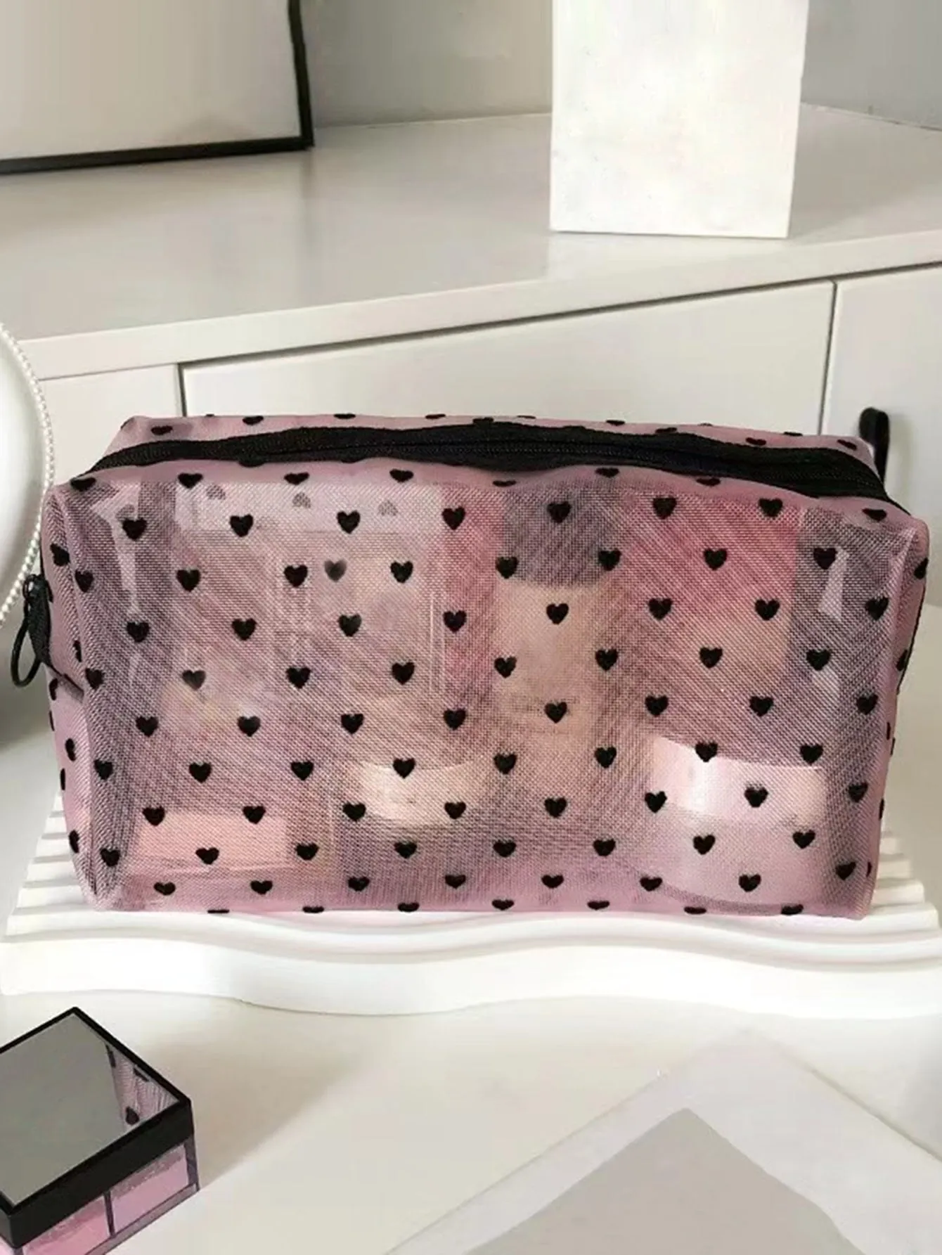 Heart Print Pink Makeup Bag Cosmetic Organizer Toiletries Bag Makeup Organizer