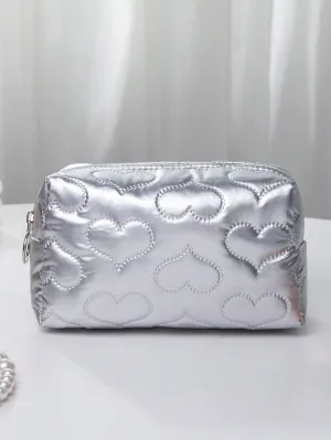 Heart Textured Square Silver Makeup Bag Cosmetic Organizer Toiletries Bag Makeup