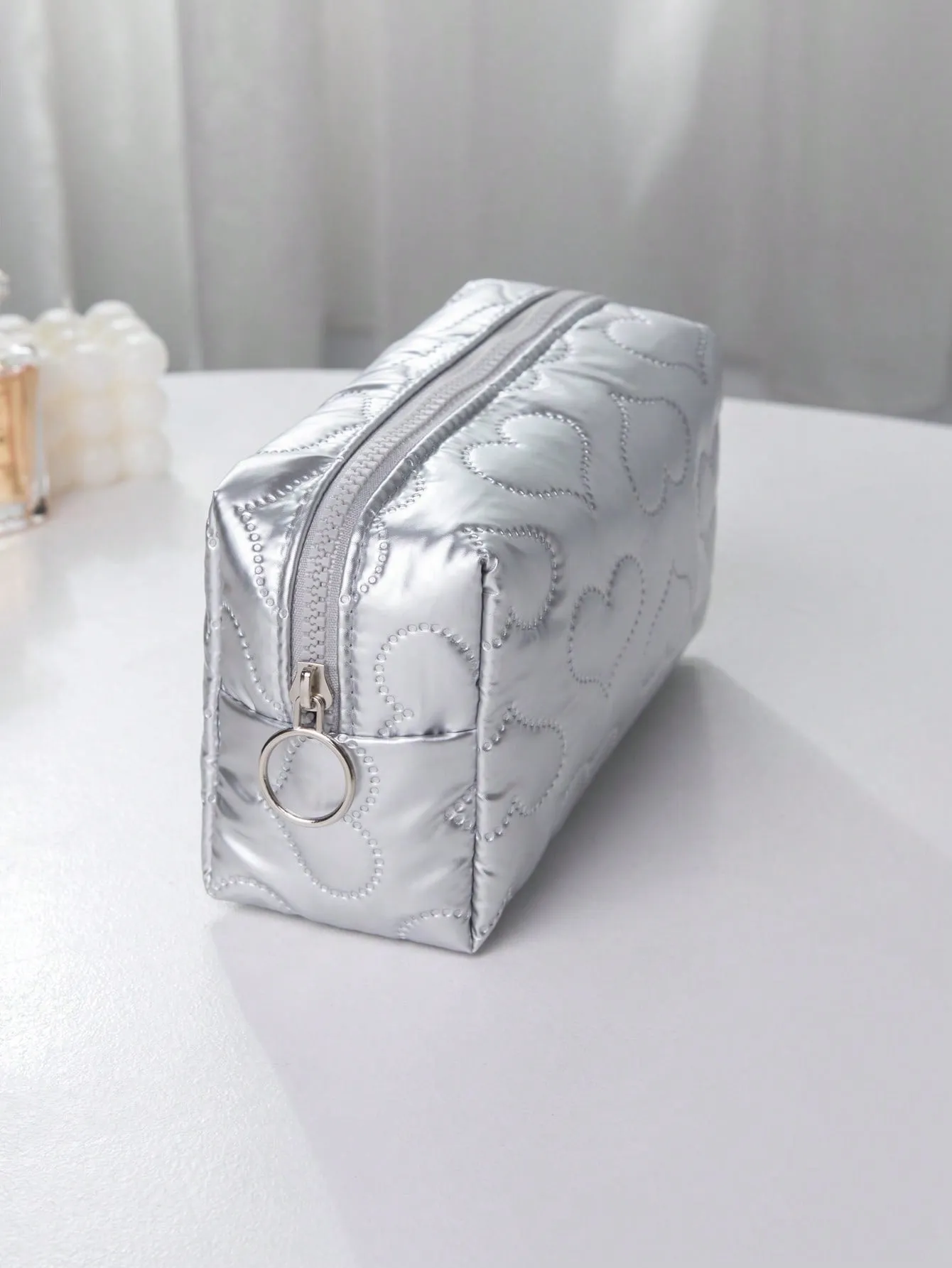 Heart Textured Square Silver Makeup Bag Cosmetic Organizer Toiletries Bag Makeup