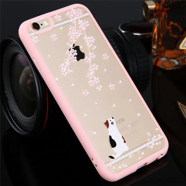 Lovebay Phone Case For iPhone 6 6s Plus Cartoon Cat Cherry Tree Pattern Hard Transparent Flowers For iPhone 6 6s Plus Back Cover