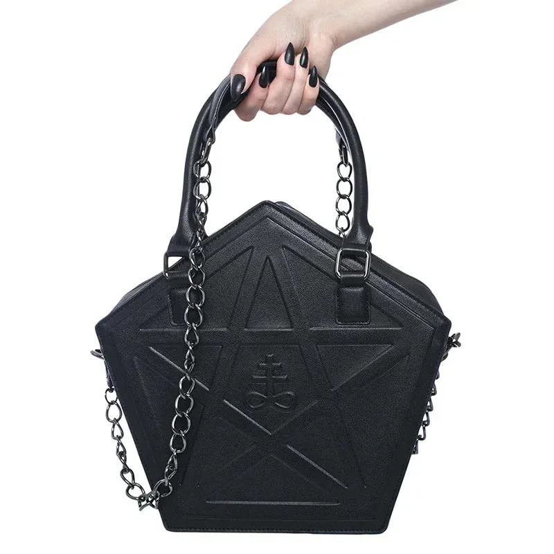 Pentagram Leather Handbag Punk Chain Gothic Shoulder Soft Darkness Bag