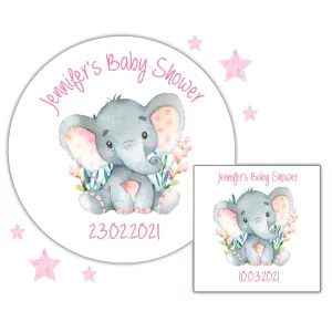 Personalised Baby Shower Party Stickers Watercolur Elephant Pink