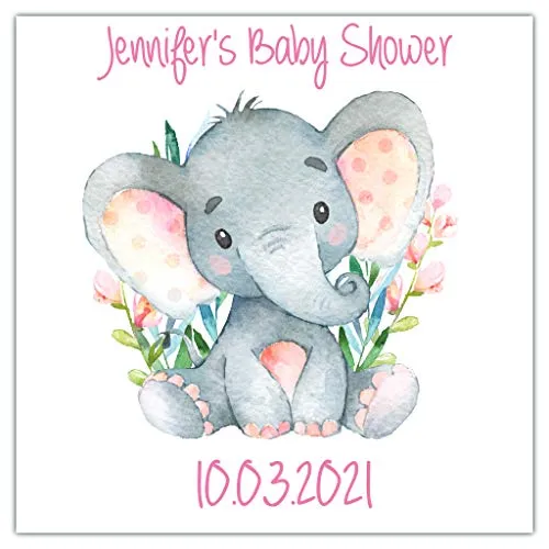 Personalised Baby Shower Party Stickers Watercolur Elephant Pink