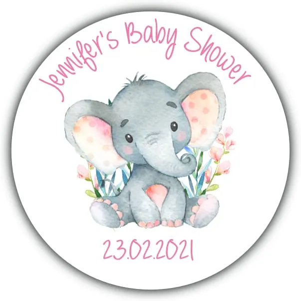 Personalised Baby Shower Party Stickers Watercolur Elephant Pink