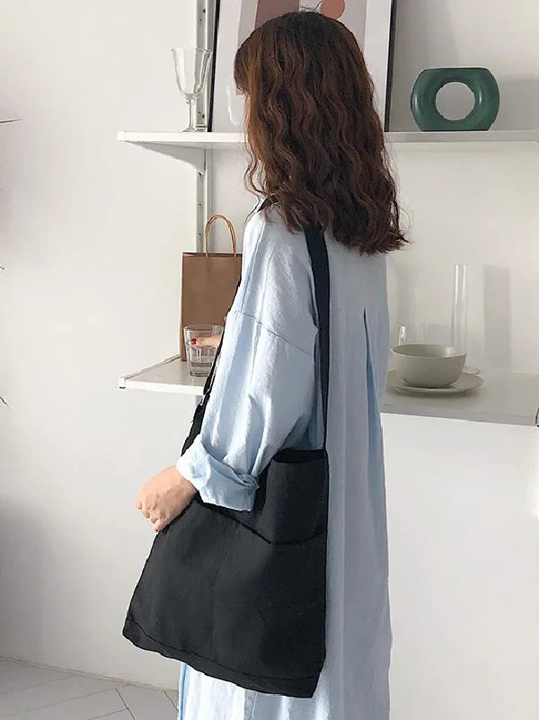 Simple Solid Color With-pockets Canvas Handbag