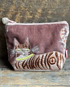 Velvet Embroidered Cat Mini Purse - Mink