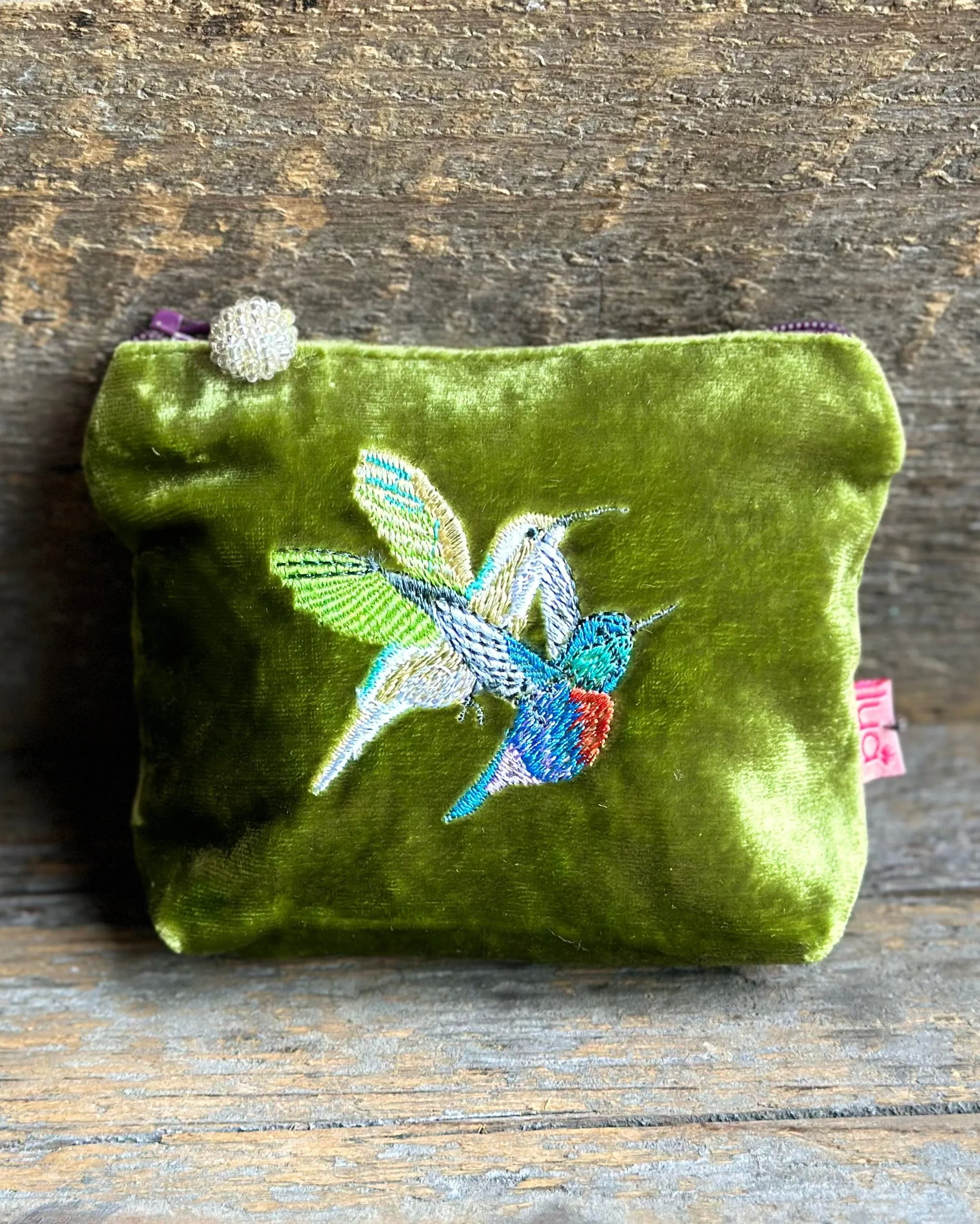 Velvet Embroidered Hummingbird Mini Purse - Green