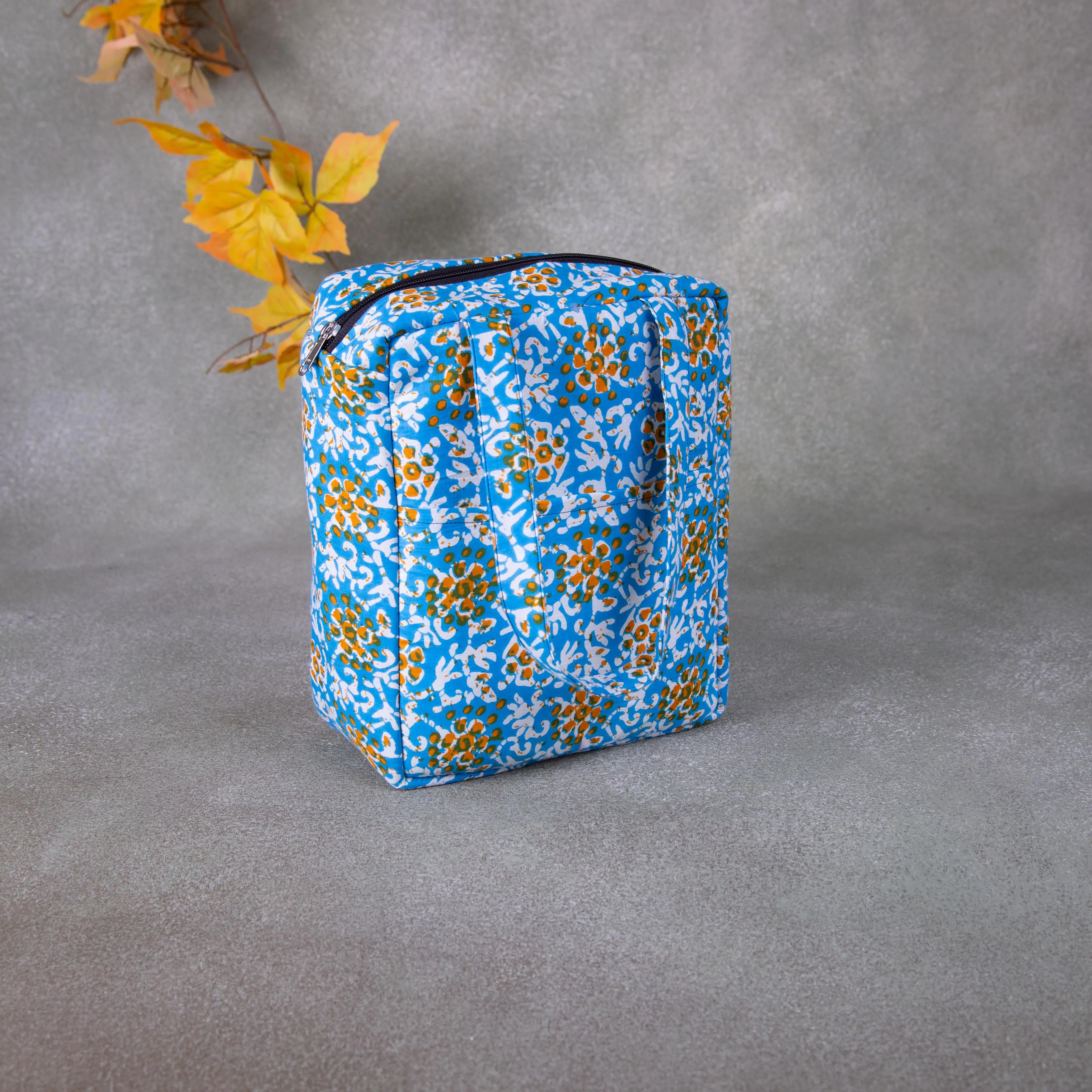 Water Proof Cotton Lunch Bag Blue Colour With Mustered Flower Design.