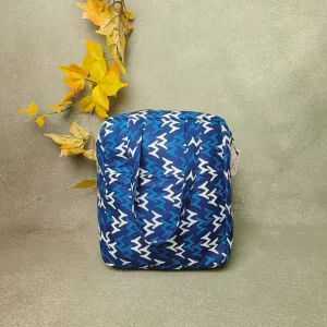 Water Proof Cotton Lunch Bag Blue with White and Black Zig Zag Prints