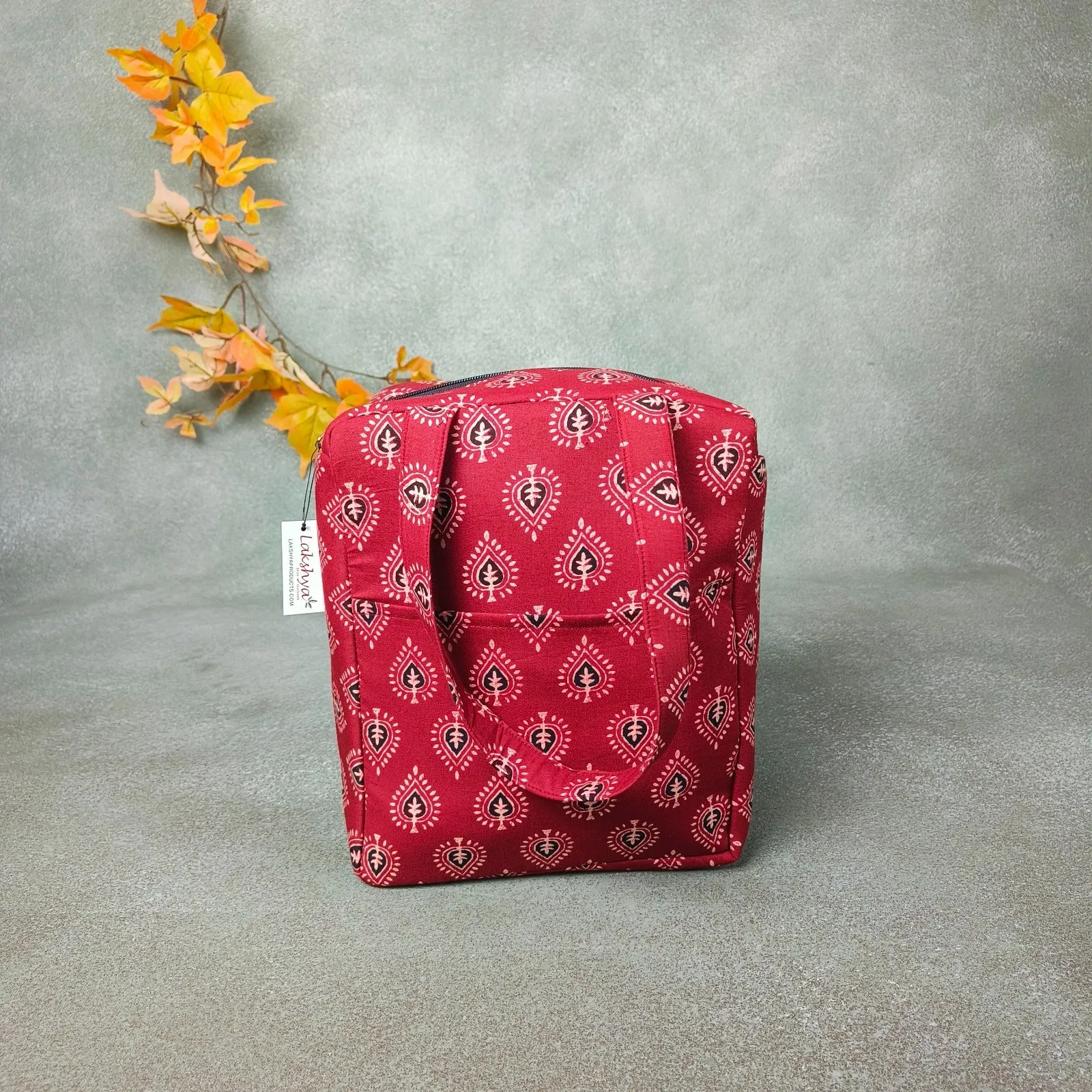 Water Proof Cotton Lunch Bag Red Cloverleaf Prints Design